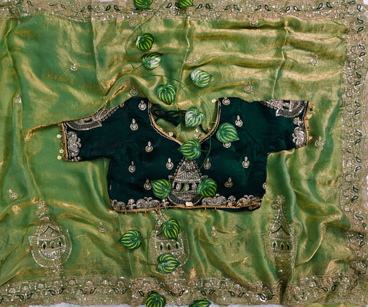 Luxury Olive Gold Designer Silk Saree with Emerald Green Royal Embroidered Blouse