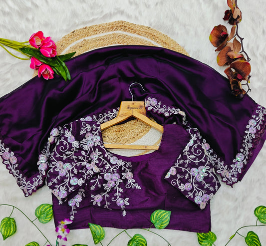 Luxury Royal Purple Silk Saree with Sequins Floral Embroidered Blouse
