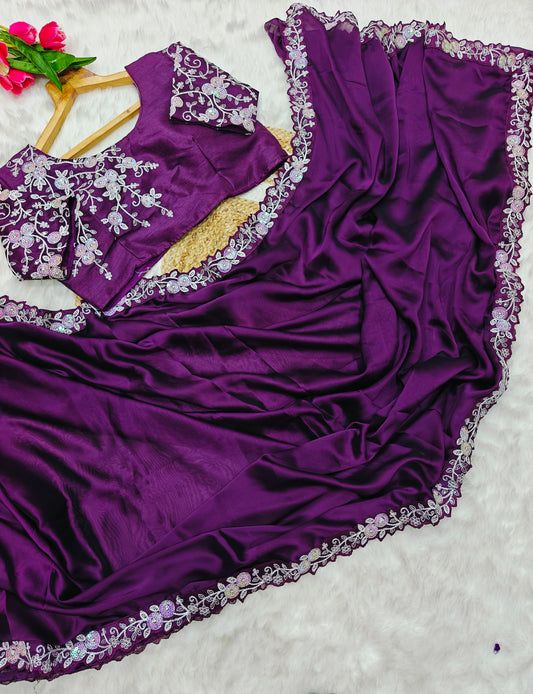 Luxury Royal Purple Silk Saree with Sequins Floral Embroidered Blouse