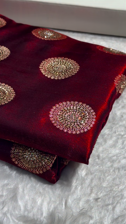 Royal Maroon Banarasi Silk Saree with Antique Gold Butti Work