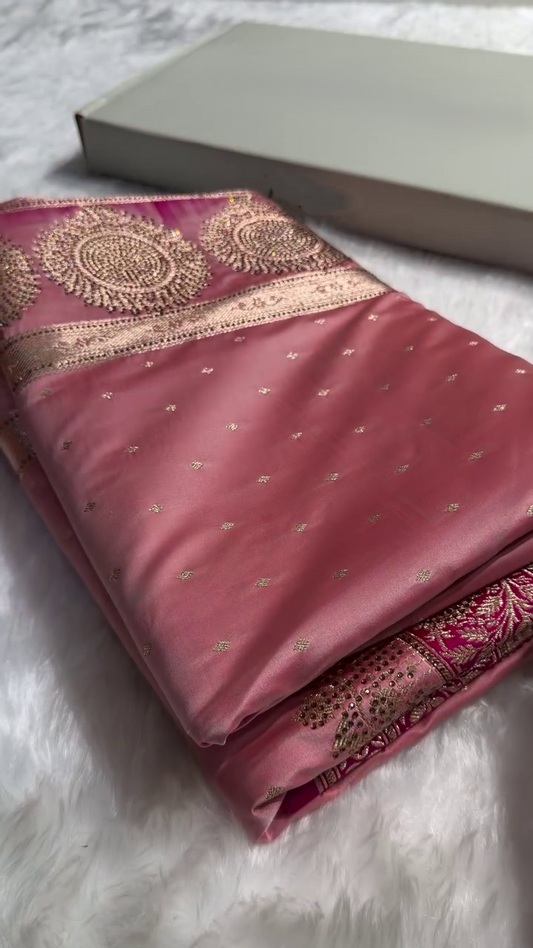 Blush Peach Banarasi Silk Saree with Antique Gold Dot Butti Work