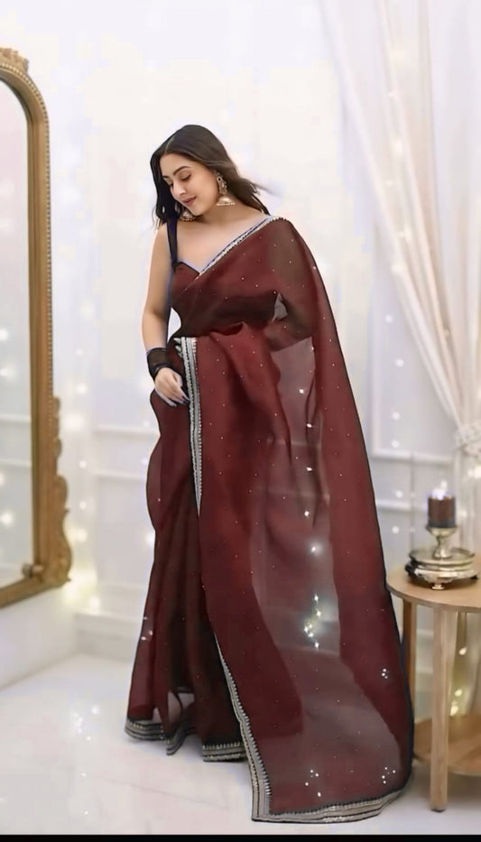 Royal Wine Ready-to-Wear Saree with Crystal Embellished Designer Border