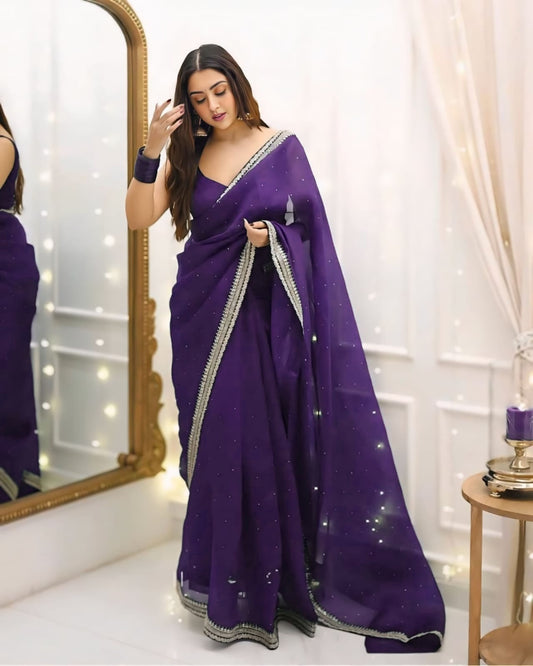 Royal Purple Ready-to-Wear Saree with Crystal Embellished Designer Border