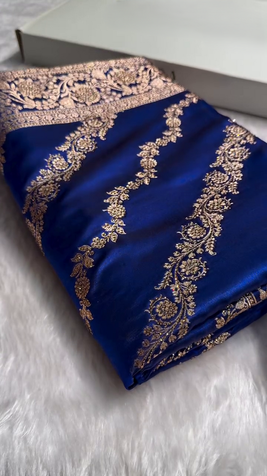 Royal Blue Banarasi Silk Saree with Antique Gold Floral Vine Weaving
