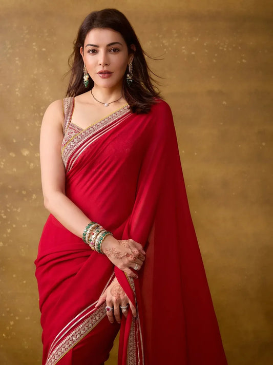 Luxury Ruby Red Georgette Saree with Premium Stone & Zari Border
