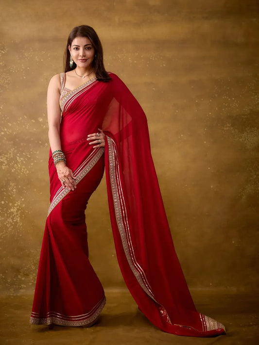 Luxury Ruby Red Georgette Saree with Premium Stone & Zari Border