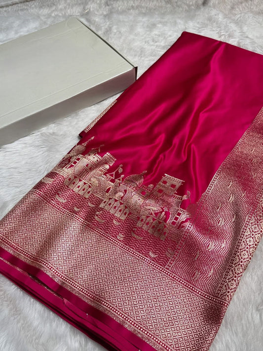 Rani Pink Banarasi Satin Katan Silk Saree with Traditional Ghat Zari Border