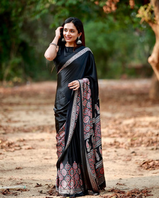 Midnight Heritage Ready-to-Wear Crepe Silk Saree with Unstitched Blouse