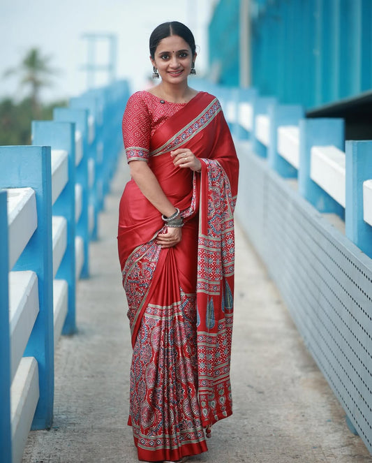 Royal Crimson Ready-to-Wear Crepe Silk Saree with Unstitched Blouse