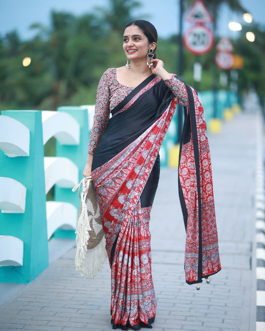 Regal Crimson Heritage Ready-to-Wear Crepe Silk Saree with Matching Blouse