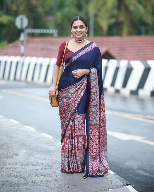 Royal Indigo Heritage Ready-to-Wear Crepe Silk Saree with Unstitched Blouse