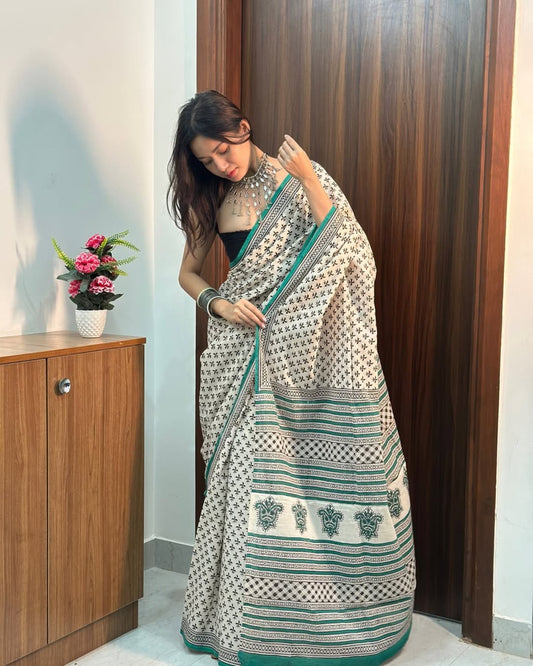 Emerald Ivory Heritage Ready-to-Wear Saree With Pocket
