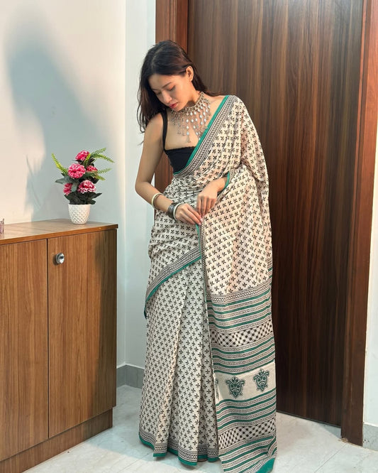 Emerald Ivory Heritage Ready-to-Wear Saree With Pocket