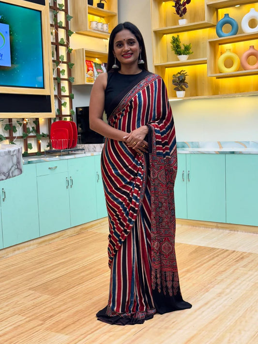 Royal Stripe Ready-to-Wear Crepe Silk Saree with Heritage Ajrakh-Inspired Pallu