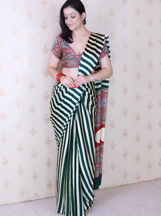 Emerald Stripe Ready-to-Wear Crepe Silk Saree with Designer Printed Blouse