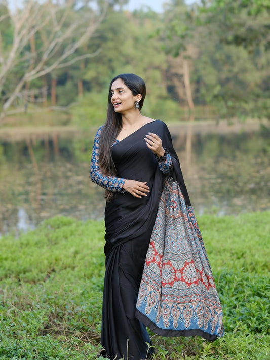 Royal Midnight Ajrakh Ready-to-Wear Crepe Silk Saree