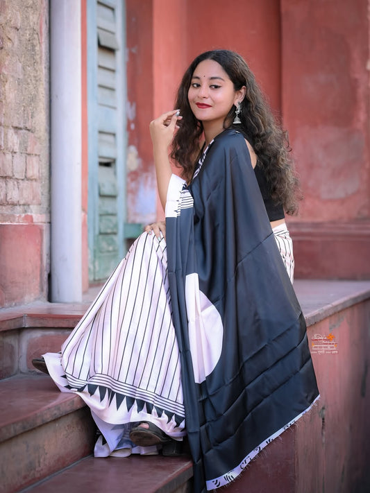 Midnight Monochrome Designer Ready-to-Wear Crepe Silk Saree