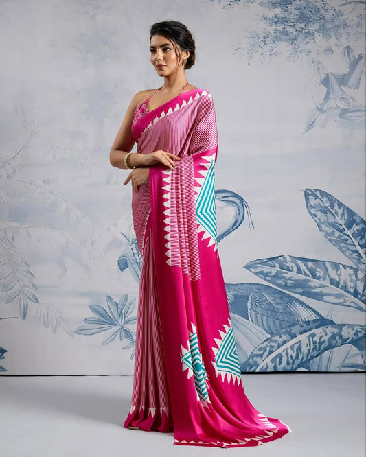 Fuchsia Bloom Ready-to-Wear Crepe Silk Saree with Contemporary Geometric Pallu