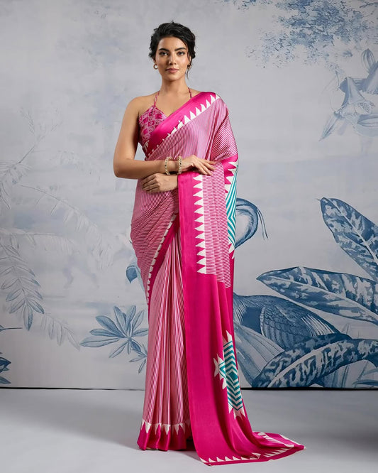 Fuchsia Bloom Ready-to-Wear Crepe Silk Saree with Contemporary Geometric Pallu