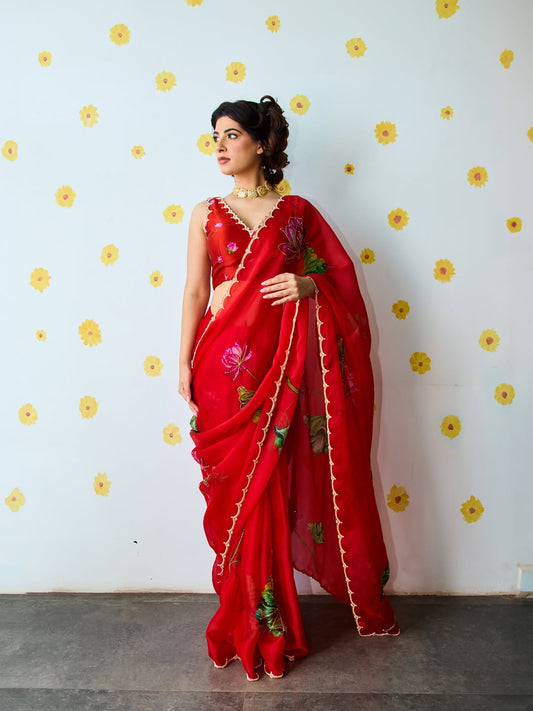 Luxury Crimson Lotus Organza Saree with Ready-to-Wear Stitched Designer Blouse