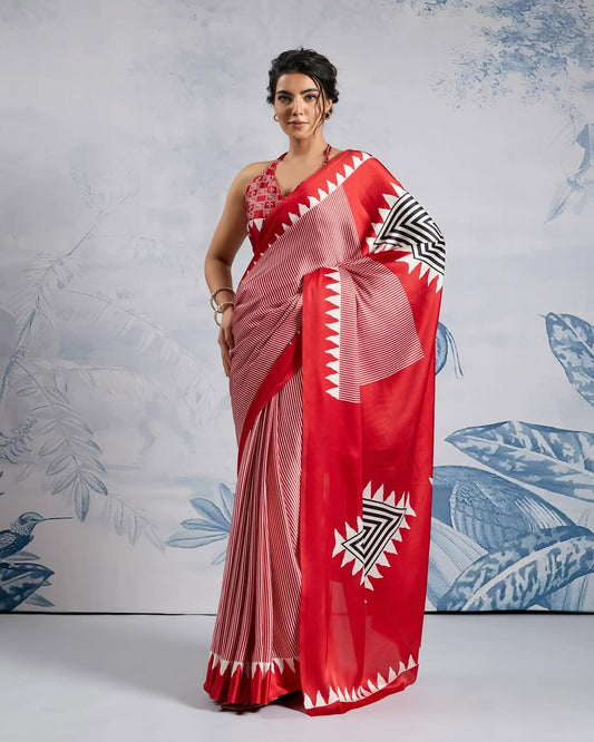Crimson Royale Ready-to-Wear Crepe Silk Saree with Geometric Statement Pallu
