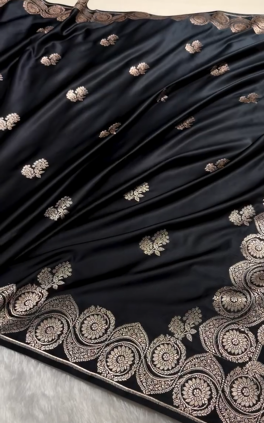 Midnight Black Banarasi Silk Saree with Silver Zari Butta & Ornate Woven Border