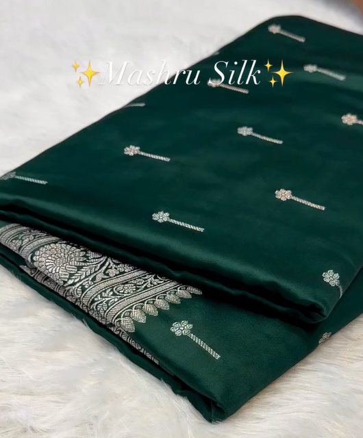 Emerald Green Mashru Silk Saree with Silver Zari Butta & Woven Border
