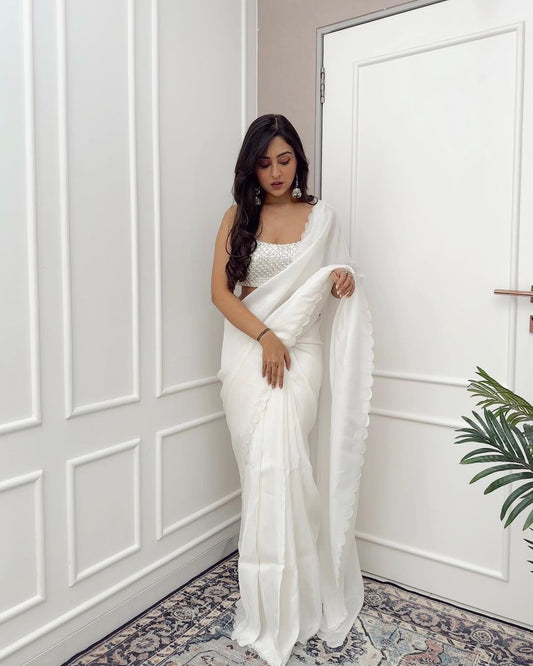 Ivory White Organza Ready-to-Wear Saree with Embellished Stitched Blouse