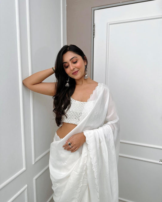 Ivory White Organza Ready-to-Wear Saree with Embellished Stitched Blouse