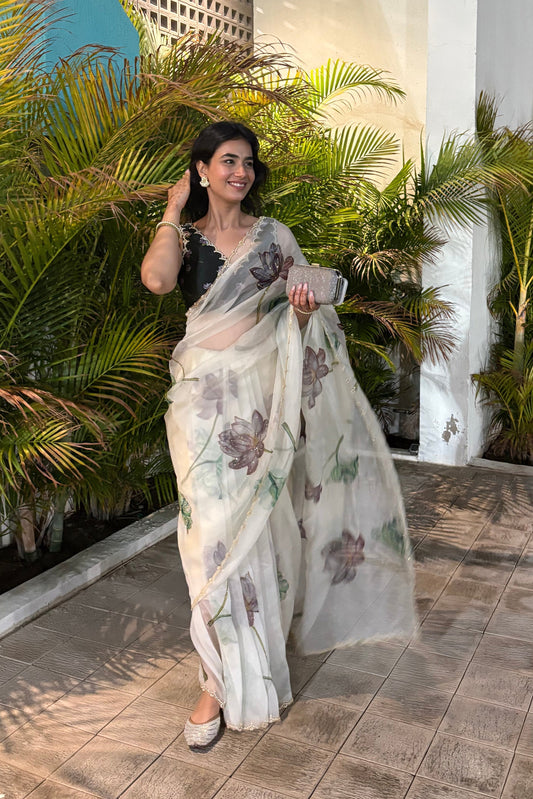 Luxury Smoke White Lotus Organza Saree with Ready-to-Wear Stitched Designer Blouse
