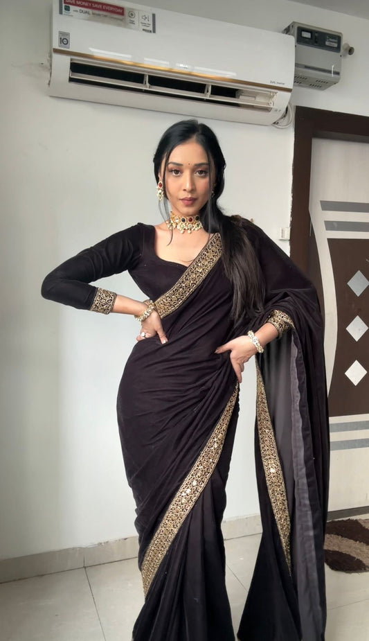 Midnight Elegance Ready-to-Wear Satin Saree with Unstitched Blouse