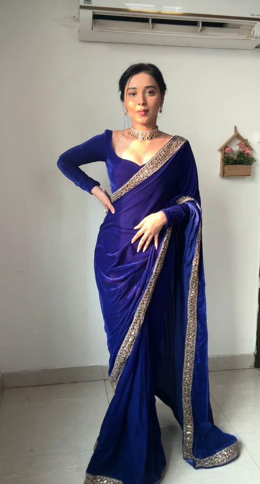Sapphire Majesty Ready-to-Wear Satin Saree with Unstitched Blouse