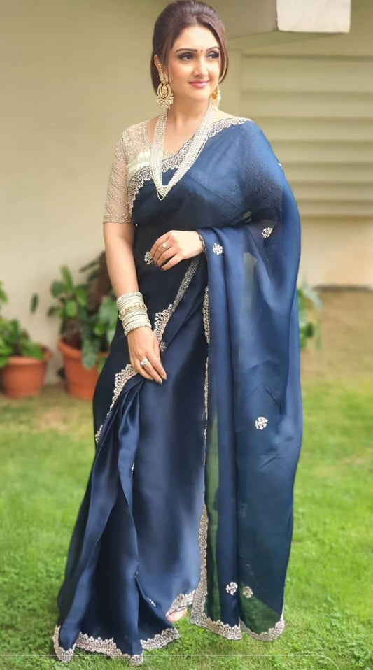 Royal Sapphire Blue Embroidered Georgette Saree with Designer Blouse Piece