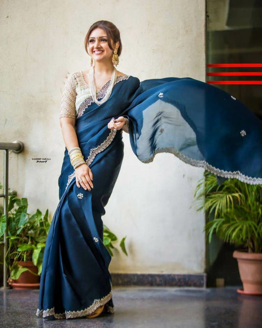 Royal Sapphire Blue Embroidered Georgette Saree with Designer Blouse Piece