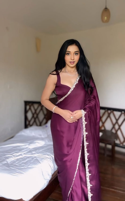 Royal Plum Ready-to-Wear Saree with Embroidered Designer Border