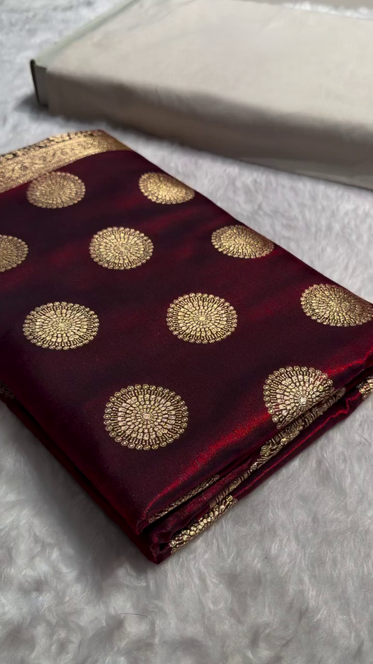 Maroon Banarasi Silk Saree with Gold Zari Circular Medallion Motifs & Rich Woven Border