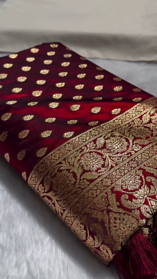 Maroon Red Banarasi Silk Saree – Golden Zari Butta & Heavy Floral Border