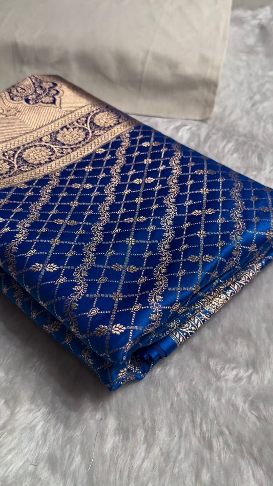 Royal Blue Banarasi Silk Saree with Gold Zari Lattice Jaal & Heavy Traditional Border