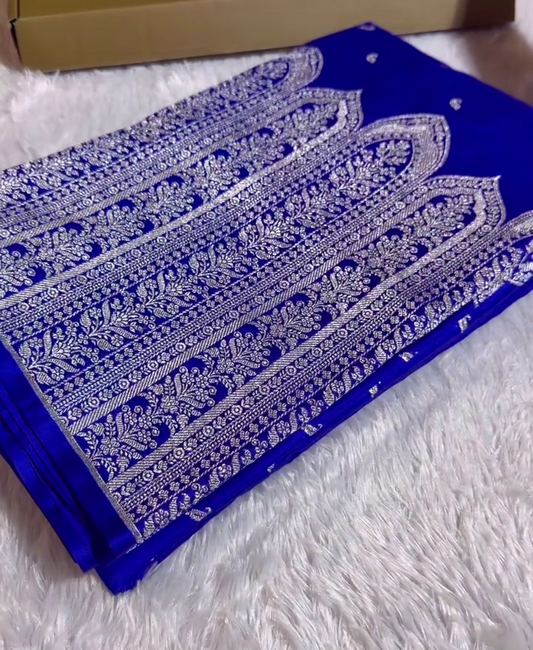 Royal Blue Banarasi Silk Saree With Heavy Silver Zari Work