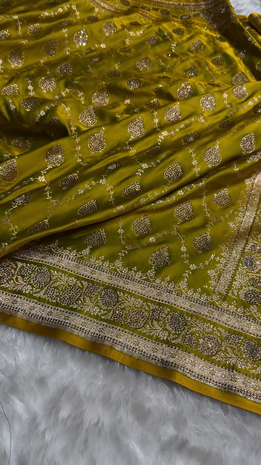 Olive Green Banarasi Silk Saree with Antique Silver Zari Jaal Work