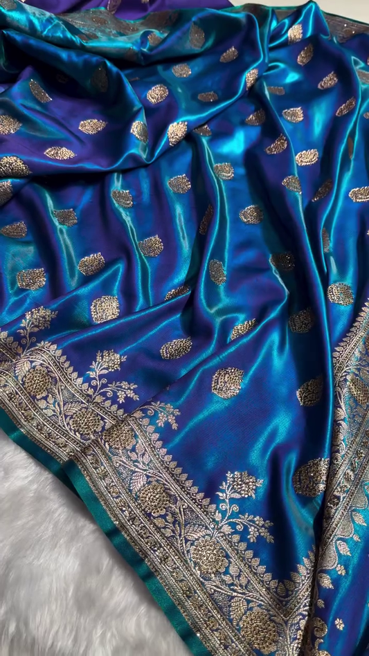 Royal Sapphire Blue Banarasi Silk Saree with Antique Gold Zari Butti Work