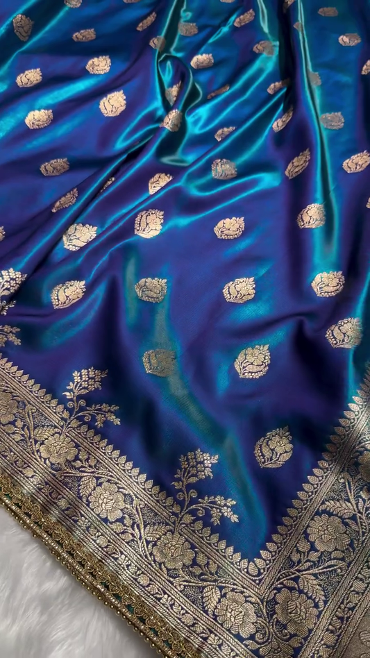 Peacock Blue Banarasi Silk Saree with Antique Gold Zari Butti