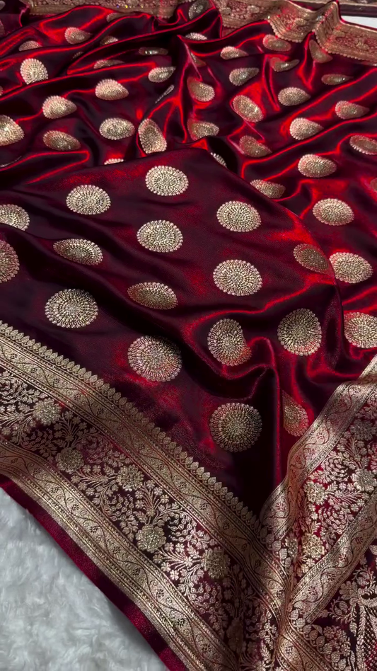 Royal Maroon Banarasi Silk Saree with Antique Gold Butti Work