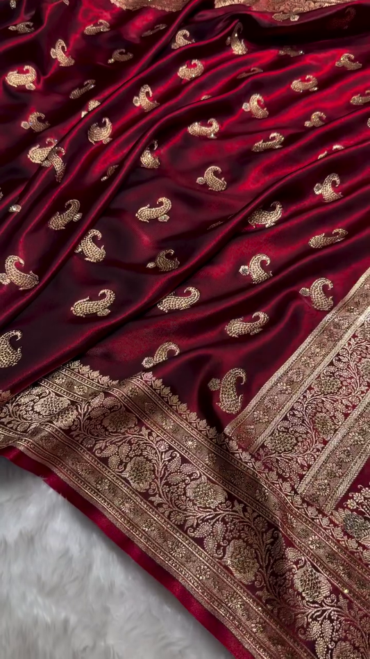 Royal Wine Red Banarasi Silk Saree with Antique Gold Paisley Butti