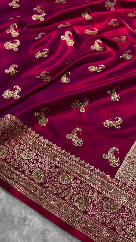 Deep Ruby Red Banarasi Silk Saree with Antique Gold Paisley Zari Work