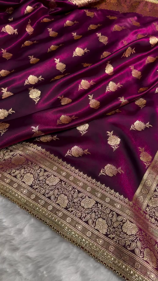 Royal Wine Magenta Banarasi Silk Saree with Antique Gold Floral Butti