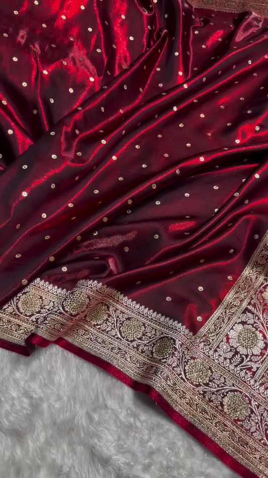 Royal Maroon Banarasi Silk Saree with Antique Gold Dot Butti