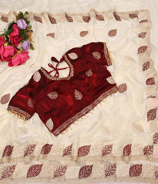 Ivory Pearl Designer Saree with Wine Red Embroidered Blouse