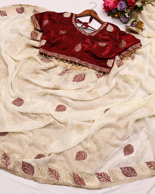 Ivory Pearl Designer Saree with Wine Red Embroidered Blouse