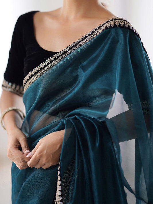Luxury Midnight Teal Organza Saree with Designer Black Embellished Border